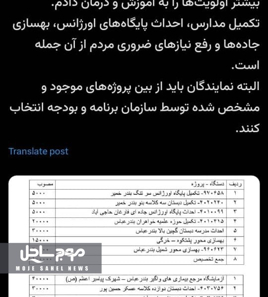 اعلام اولویت‌های تخصیص بودجه توسط فاطمه جراره در توییتر