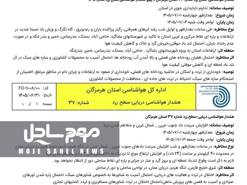 هشدار زرد هواشناسی در هرمزگان؛ تداوم ناپایداری‌های جوی و تلاطم دریا از ۱ تا ۴ مهر